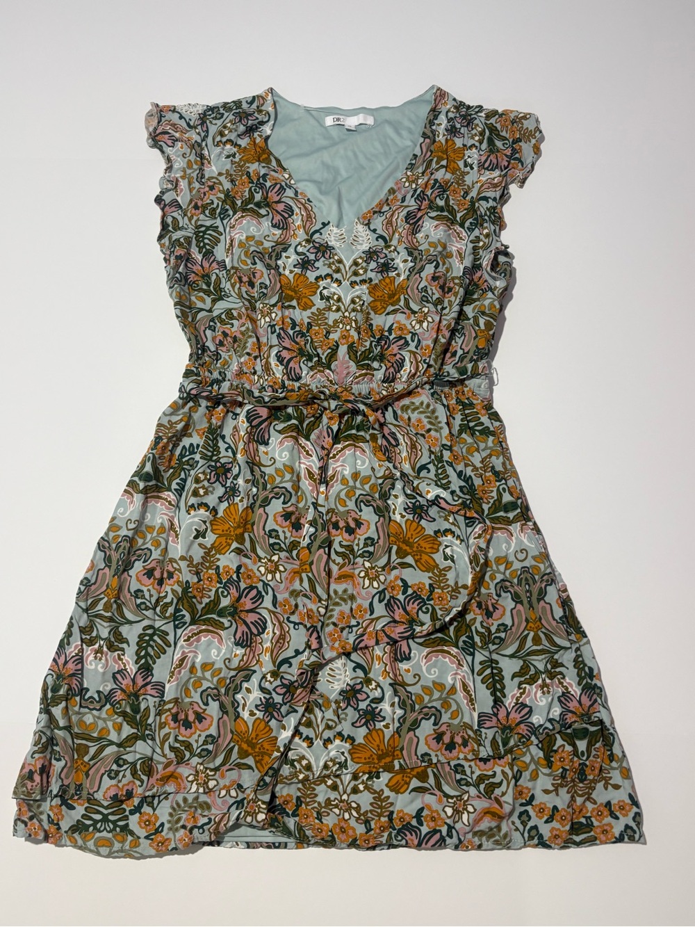 DR2 Mint Floral V-Neck Dress with Pink and Mustard Accents